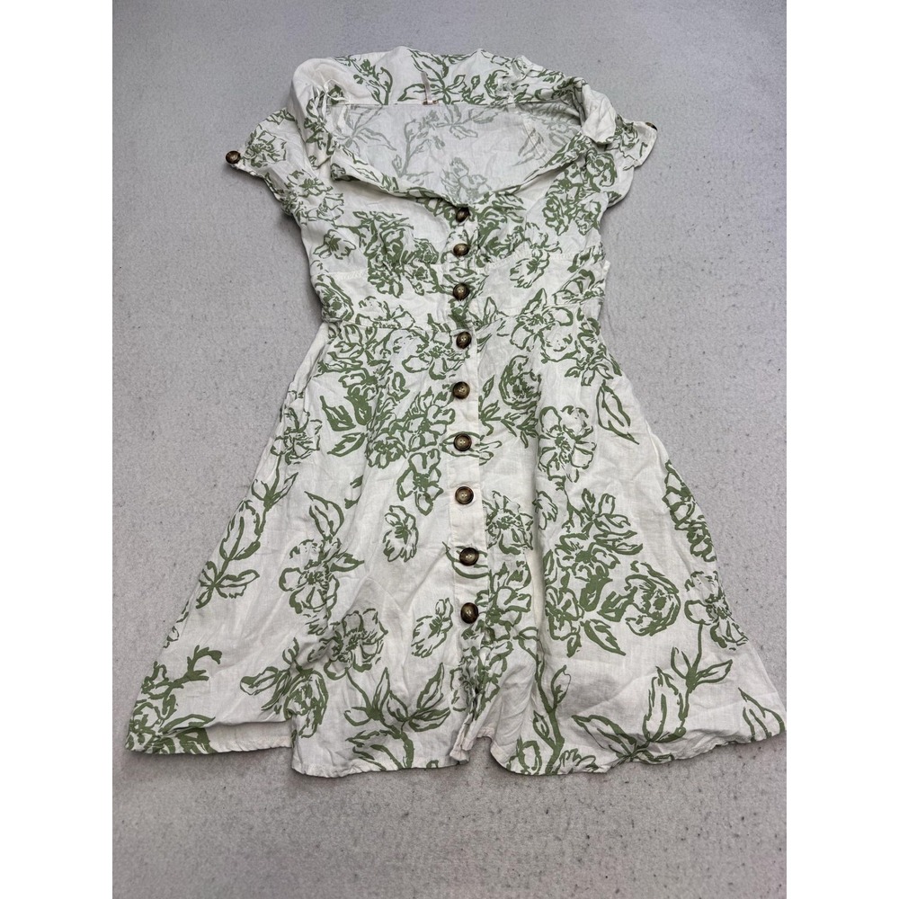 Free People Dress Womens 2 Green White Floral Linen Shirt Fit & Flare Mini